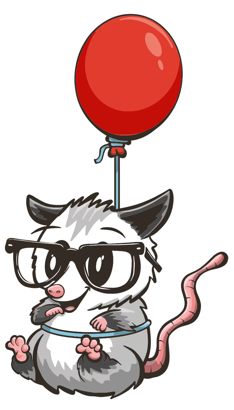 Eleventy mascot, a possum wearing large glasses