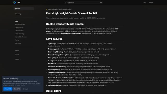 Screenshot of Zest - Lightweight Cookie Consent Toolkit