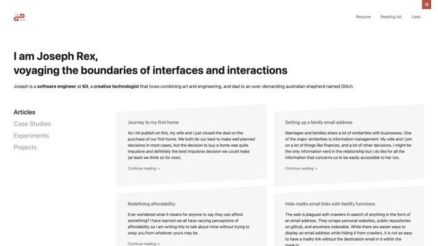 Screenshot of Joseph Rex's website - Portfolio, Resume, Designs, and Publications