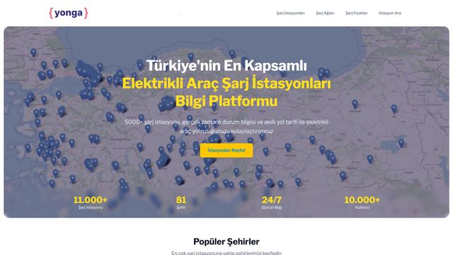 Screenshot of Türkiye Elektrikli Araç Şarj İstasyonları Haritası Yonga.io