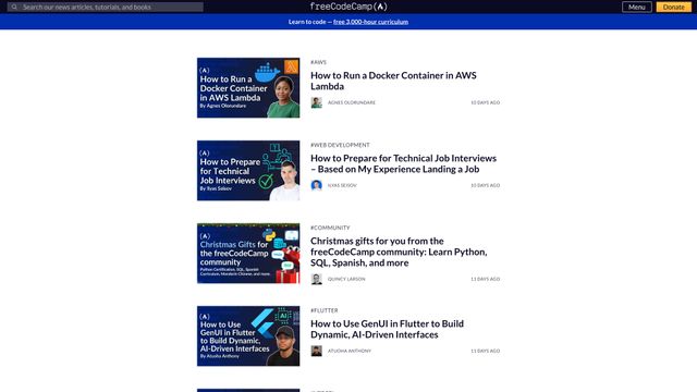 Screenshot of freeCodeCamp Programming Tutorials: Python, JavaScript, Git & More