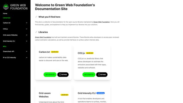 Screenshot of Developer Docs @ The Green Web Foundation