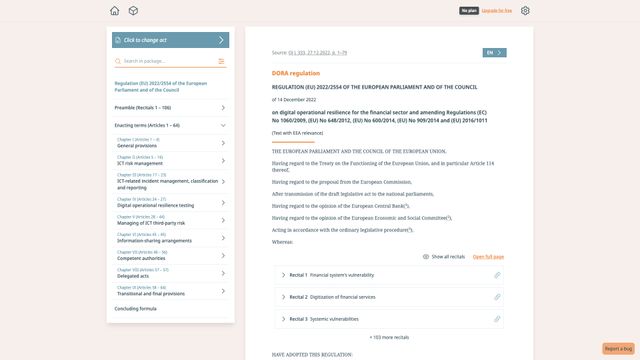 Screenshot of DORA regulation | Digital operational resilience in the financial sector