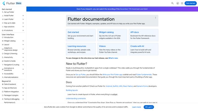 Screenshot of Flutter documentation