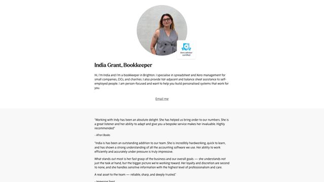 Screenshot of India Grant | Bookkeeper