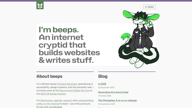 Screenshot of beeps — front-end developer, furry, robot