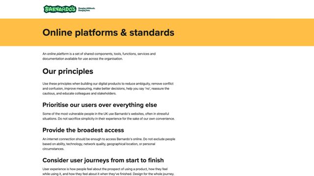 Screenshot of Barnardo's online platforms and standards