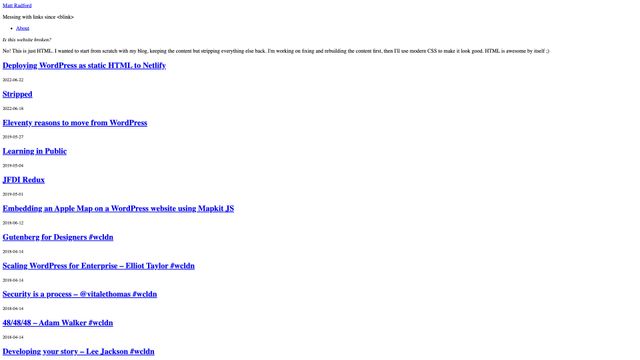 Screenshot of Matt Radford - Messing with links since blink