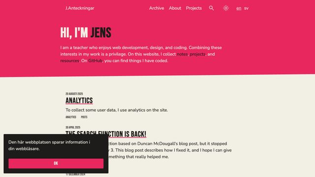 Screenshot of Hej, jag är Jens - J.Anteckningar