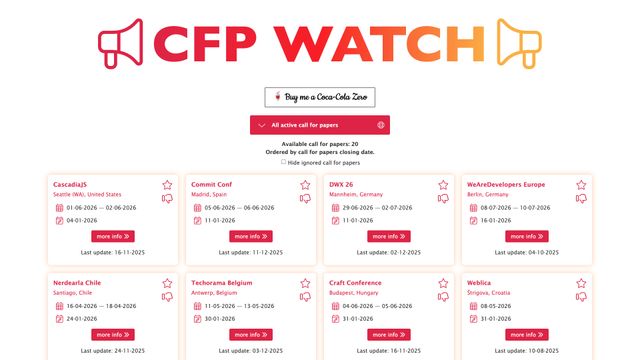 Screenshot of All active call for papers - CfP Watch