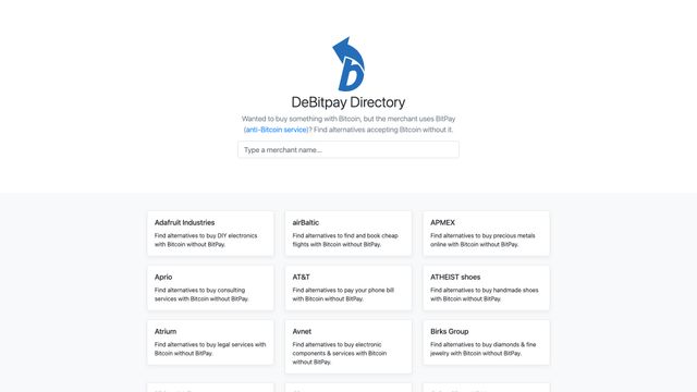 Screenshot of DeBitpay Directory - Alternative places to spend Bitcoin without BitPay