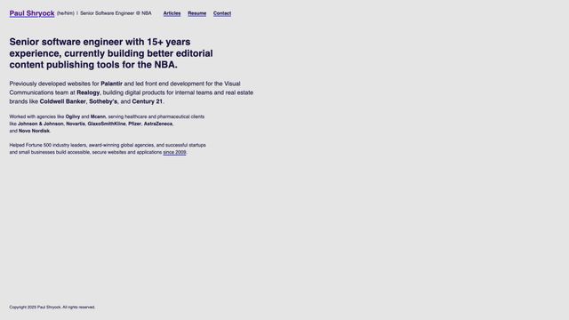 Screenshot of Paul Shryock (he/him) | Senior Software Engineer @ NBA