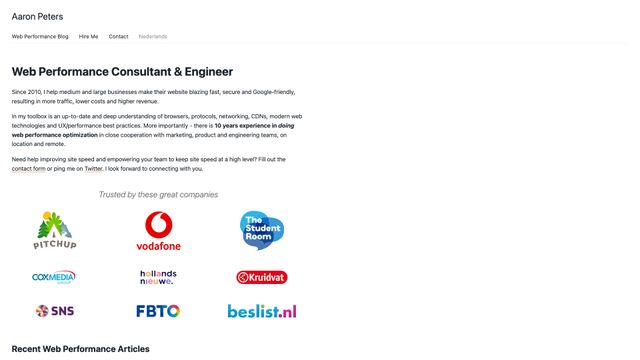 Screenshot of Aaron Peters - Web Performance Consultant / Engineer