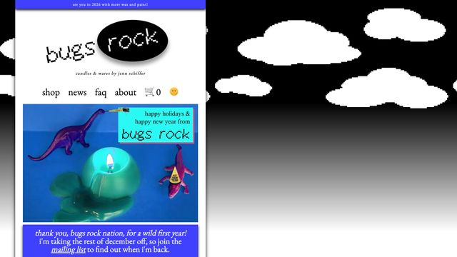 Screenshot of bugs rock | candles & wares by jenn schiffer