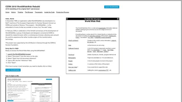 Screenshot of CERN 2019 WorldWideWeb Rebuild
