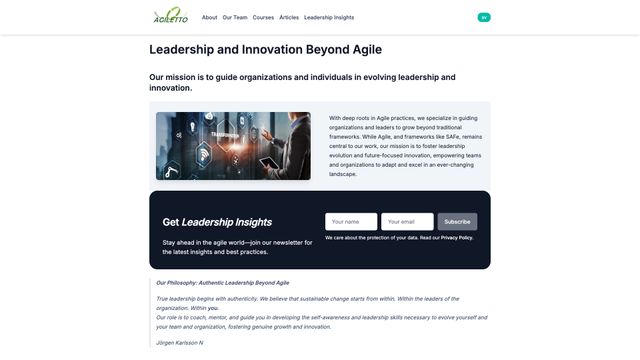 Screenshot of Leadership Beyond Agile - Coaching and Innovation | Agiletto AB