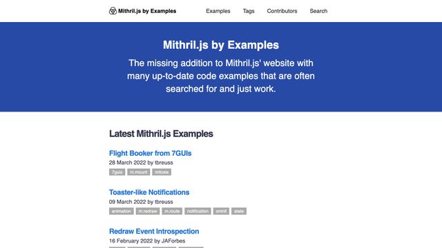 Screenshot of Homepage | Mithril.js by Examples
