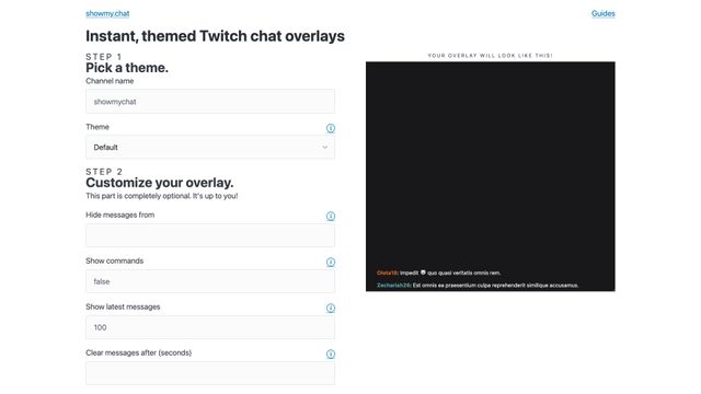 Screenshot of Instant, themed Twitch chat overlays | showmy.chat