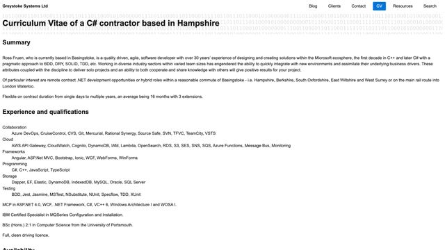 Screenshot of CV of Ross Fruen, a C#, SQL, .NET contract developer