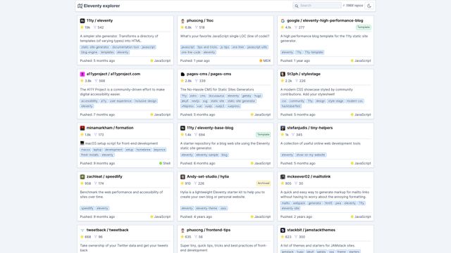 Screenshot of Eleventy explorer v1.2.0