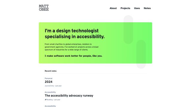 Screenshot of Matt Obee - design technologist specialising in accessibility