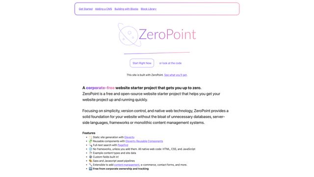 Screenshot of ZeroPoint - A corporate-free website starter project - Get ZeroPoint